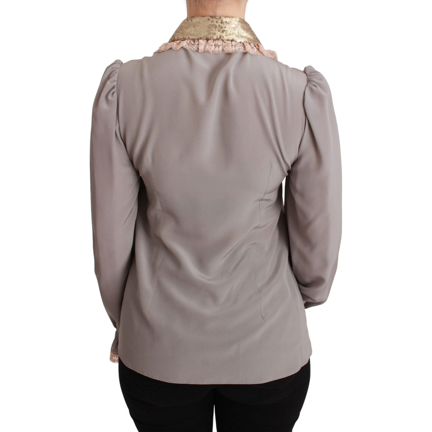 Dolce & Gabbana Gray Silk Gold Sequin Lace Blouse Shirt