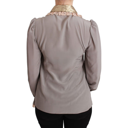 Dolce & Gabbana Gray Silk Gold Sequin Lace Blouse Shirt