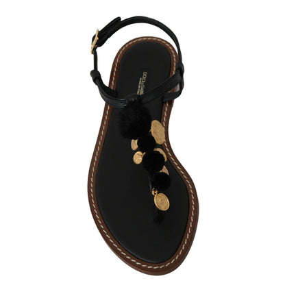 Dolce & Gabbana Black Leather Coins Flip Flops Sandals Shoes