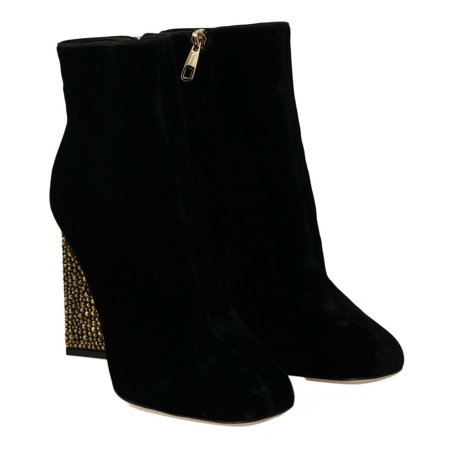 Dolce & Gabbana Black Velvet Crystal Square Heels Shoes