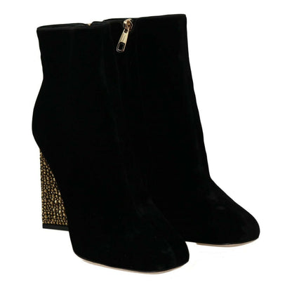 Dolce & Gabbana Black Velvet Crystal Square Heels Shoes
