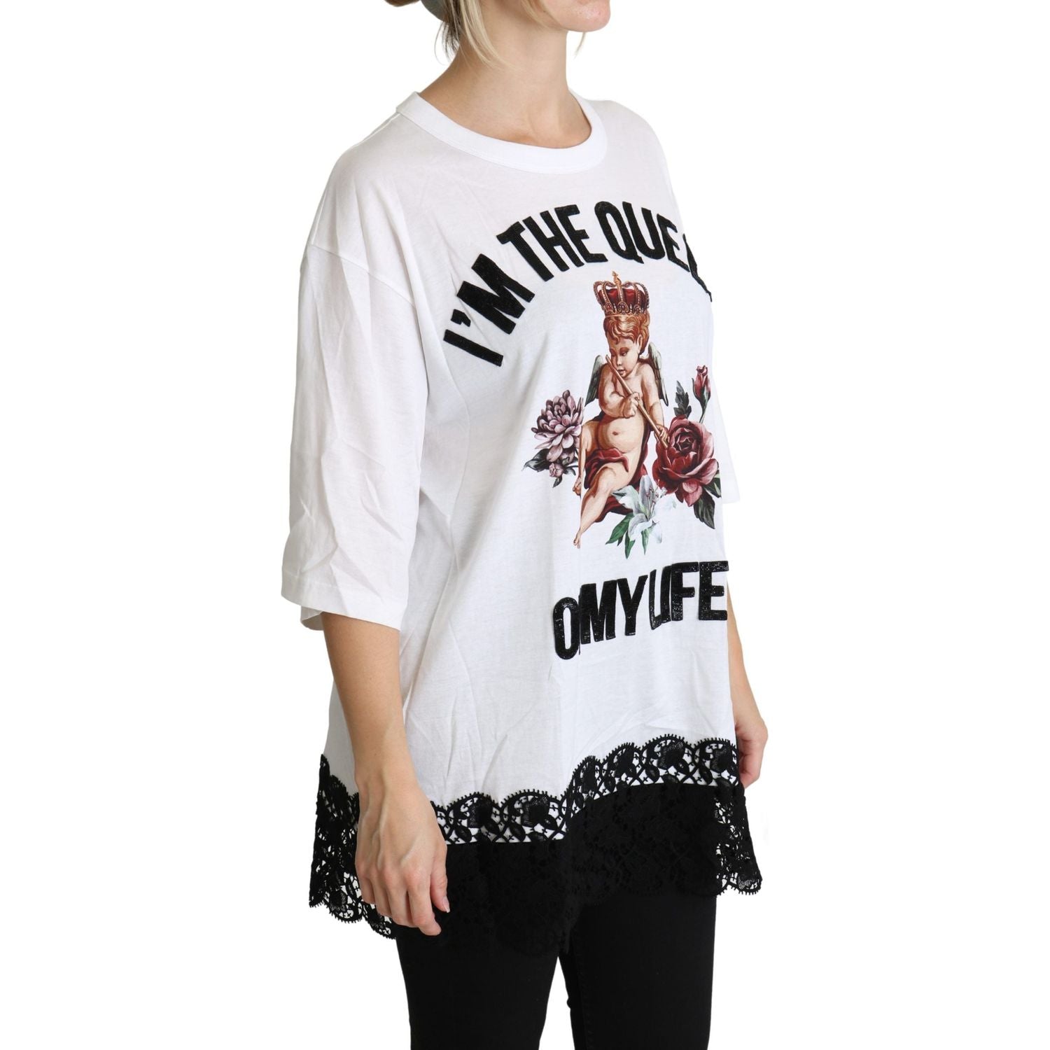 Dolce & Gabbana White Angel Print Cotton Round Neck Shirt Tops