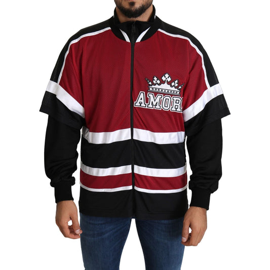 Dolce & Gabbana Red Black AMORE Sport Full Zipper Sweater 1728,20% Polyester,67345645728,Black and Red,Clothing,Dolce & Gabbana,IT48 | M,Material: 80% Nylon,Men,Men - Clothing,New with tags,Sweaters - Clothing,Sweaters - Men - Clothing,Tracksuits - Sweate