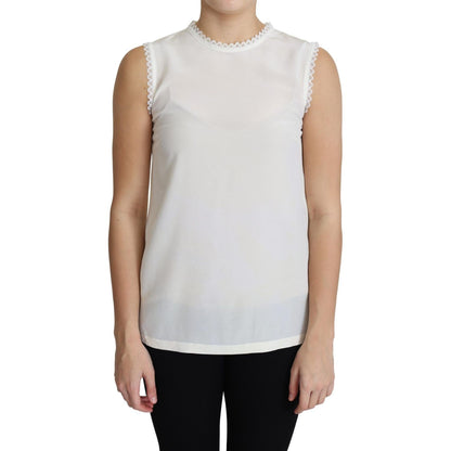 Dolce & Gabbana White Blouse Silk Lace Trimmed Sleeveless Top