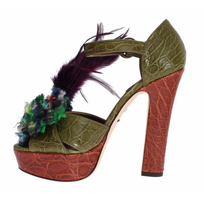 Dolce & Gabbana Green Leather Crystal Platform Sandal Shoes