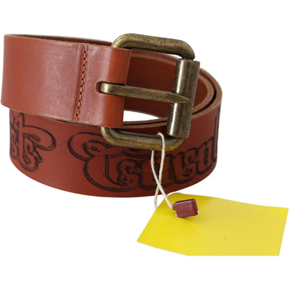 Just Cavalli Brown Leather Logo Bronze Rustic Metal Buckle Belt