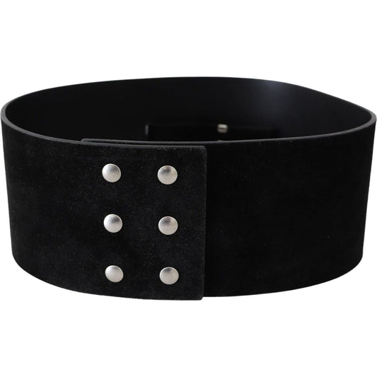 GF Ferre Elegant Black Leather Wide Belt with Silver Tone Buckle Belt GF Ferre