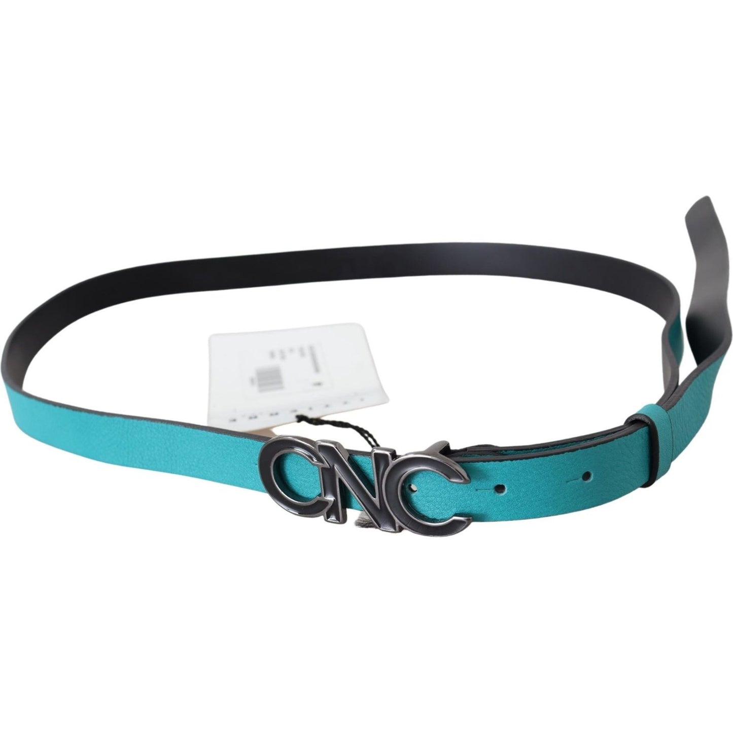 Costume National Blue Green Leather Logo Silver Buckle Belt