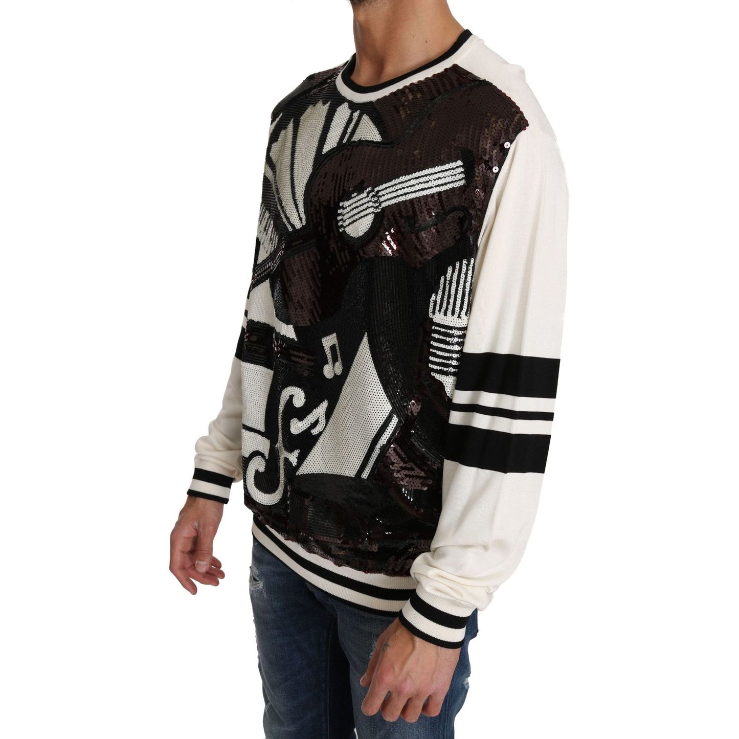 Dolce & Gabbana White Jazz Sequined Guitar Pullover Top Sweater