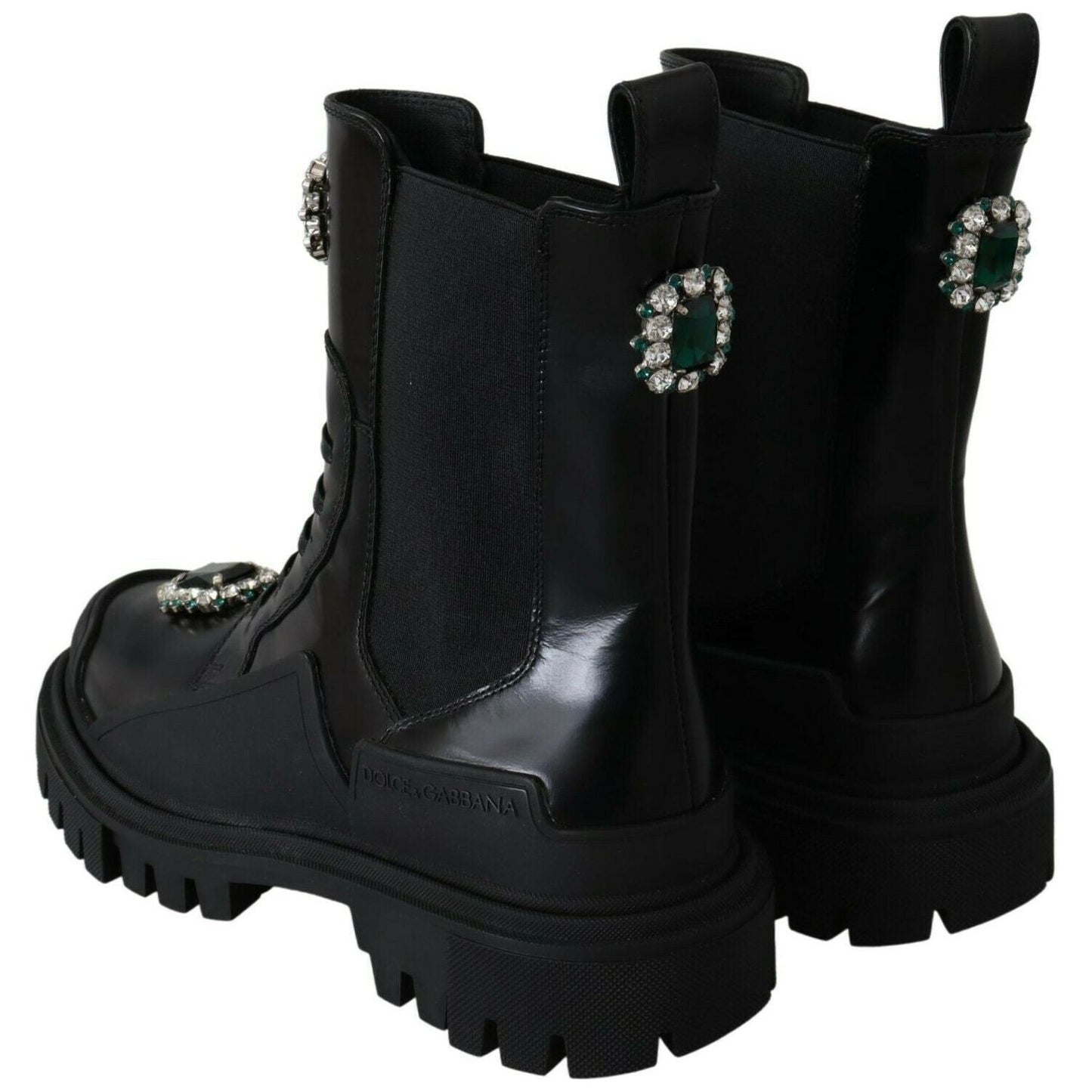 Dolce & Gabbana Elegant Black Leather Combat Boots with Crystal Detail Dolce & Gabbana