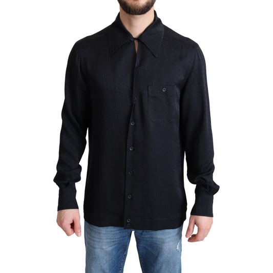 Dolce & Gabbana Black Jacquard Silk Casual Button Down Shirt 1728,67345645728,Black,Clothing,Dolce & Gabbana,Dress Shirts - Shirts - Clothing,IT37 | XS,Material: 100% Silk,Men,Men - Clothing,New with tags,Shirts - Clothing,Shirts - Men - Clothing