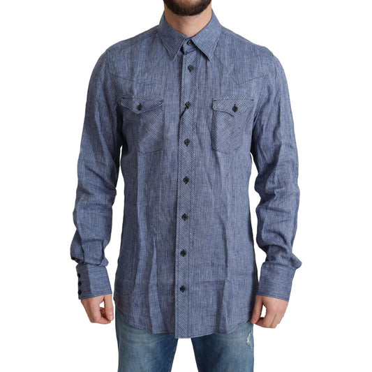 Dolce & Gabbana Blue Stripes Men Casual Button Down Shirt 1728,67345645728,Blue,Clothing,Dolce & Gabbana,Dress Shirts - Shirts - Clothing,IT39 | S,Material: 100% Linen,Men,Men - Clothing,New with tags,Shirts - Clothing,Shirts - Men - Clothing