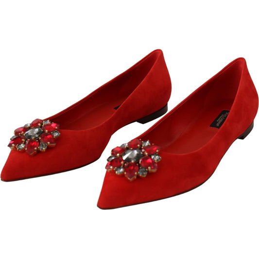 Dolce & Gabbana Crystal Embellished Red Suede Flats Dolce & Gabbana