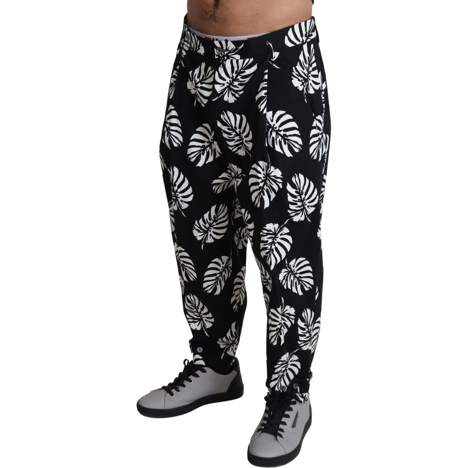 Dolce & Gabbana Black Leaf Cotton Stretch Trouser Pants Pants