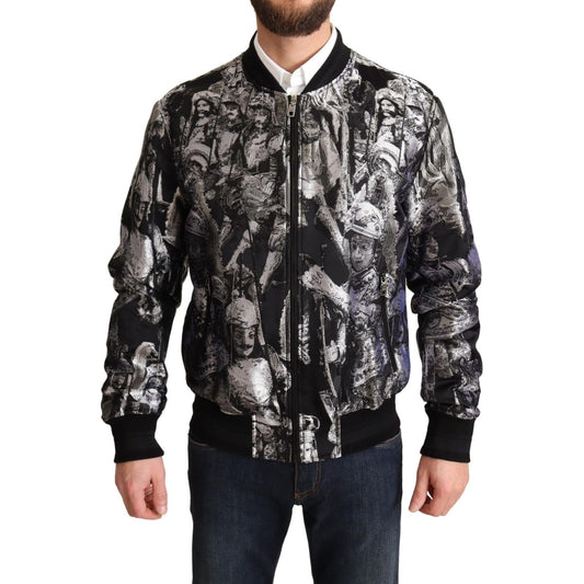 Dolce & Gabbana Black Silver Puppi Motive Bomber Jacket 1728,67345645728,76% Viscose,Black,Bombers - Jackets & Coats - Clothing,Clothing,Dolce & Gabbana,IT50 | L,Jackets & Coats - Clothing,Jackets - Men - Clothing,Material: 24% PL,Men,Men - Clothing,New w