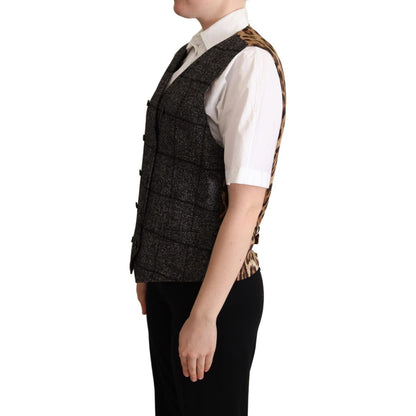 Dolce & Gabbana Gray Wool Leopard Print Waistcoat Vest