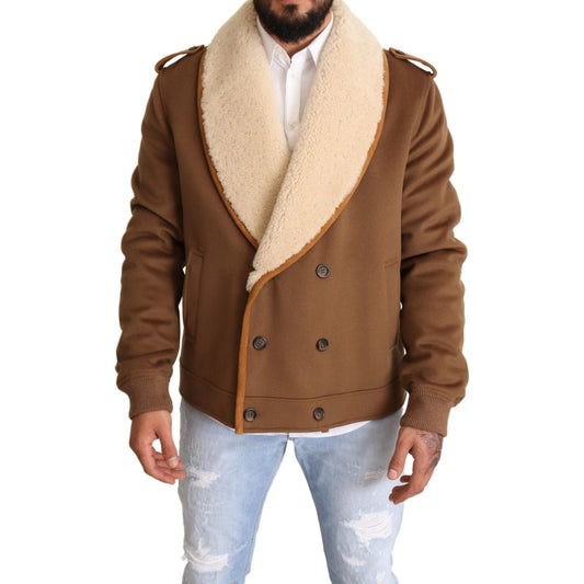 Dolce & Gabbana Brown Double Breasted Shearling Coat Jacket 1728,67345645728,Brown,Clothing,Coats - Jackets & Coats - Clothing,Dolce & Gabbana,IT54 | XL,Jackets & Coats - Clothing,Jackets - Men - Clothing,Material: 72% Virgin Wool 15% Sheep 8% Cashmere 5%