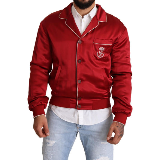 Dolce & Gabbana Red Silk Button DG Logo Bomber Jacket 1728,67345645728,Bombers - Jackets & Coats - Clothing,Clothing,Dolce & Gabbana,IT48 | M,Jackets & Coats - Clothing,Jackets - Men - Clothing,Material: 100% Silk,Men,Men - Clothing,New with tags,Red