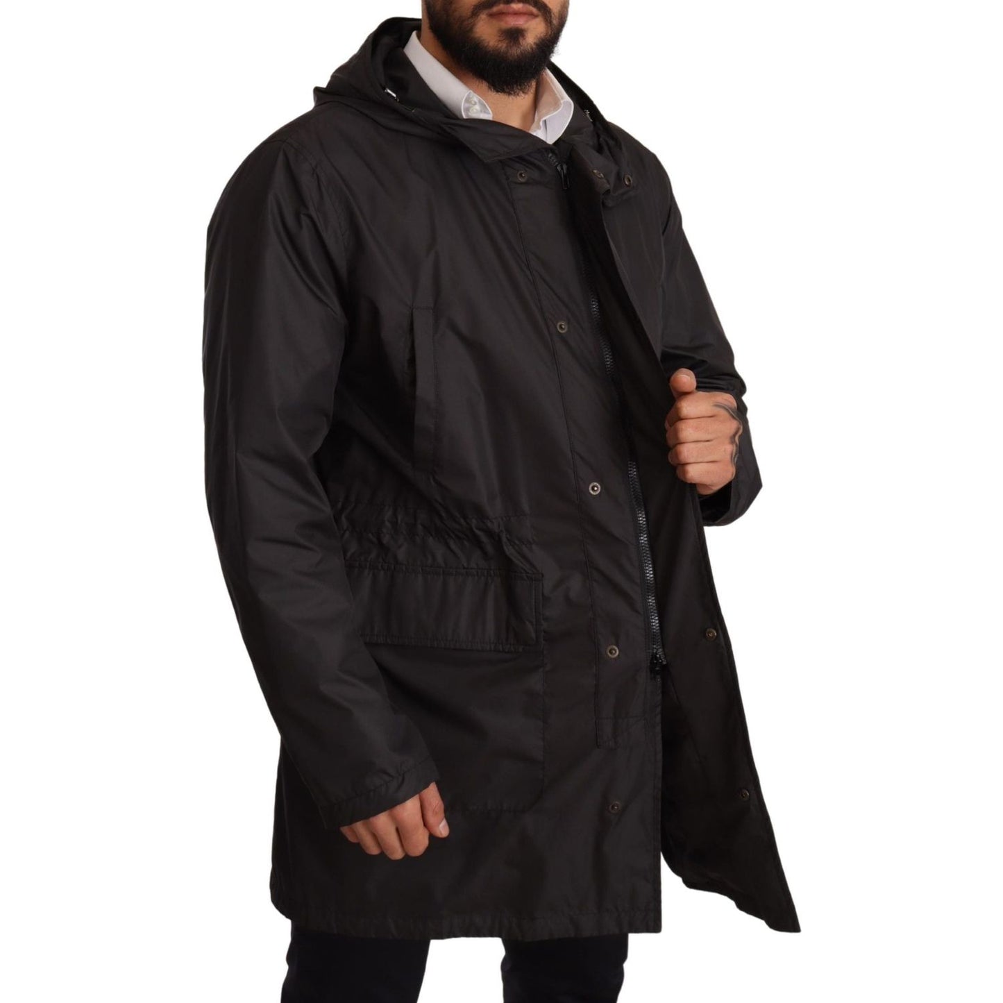 Dolce & Gabbana Black Hooded Mens Trench Coat Jacket 1728,67345645728,Black,Clothing,Dolce & Gabbana,IT44 | XS,IT46 | S,IT48 | M,Jackets & Coats - Clothing,Jackets - Men - Clothing,Material: 100% Polyester,Men,Men - Clothing,New with tags,Trench Coats - J