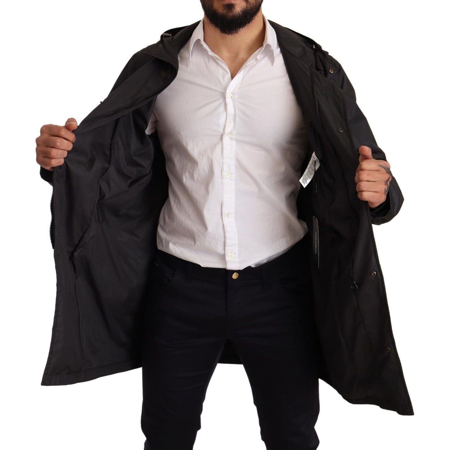 Dolce & Gabbana Black Hooded Mens Trench Coat Jacket 1728,67345645728,Black,Clothing,Dolce & Gabbana,IT44 | XS,IT46 | S,IT48 | M,Jackets & Coats - Clothing,Jackets - Men - Clothing,Material: 100% Polyester,Men,Men - Clothing,New with tags,Trench Coats - J