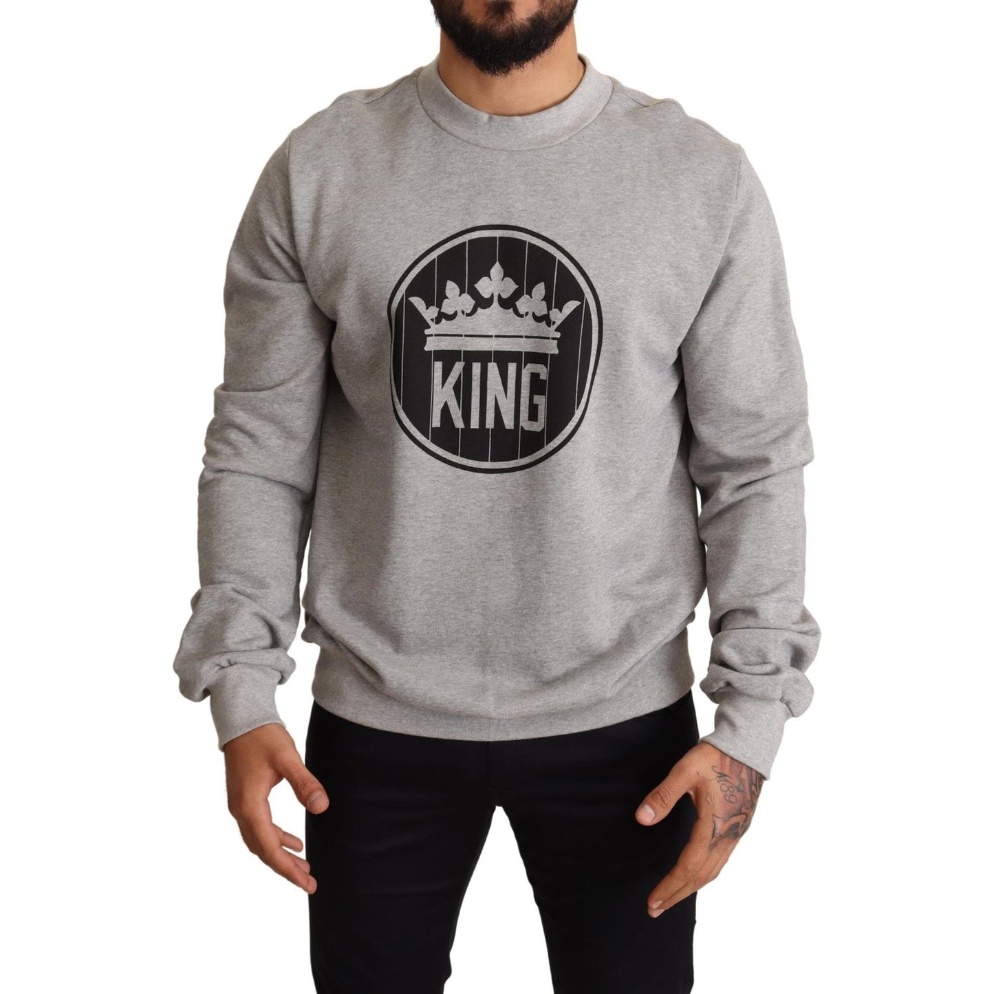 Dolce & Gabbana Gray Crown King Print Cotton Sweater 1728,67345645728,Clothing,Dolce & Gabbana,Gray,IT46 | S,Material: 100% Cotton,Men,Men - Clothing,New with tags,Sweaters - Clothing,Sweaters - Men - Clothing,Sweatshirts - Sweaters - Clothing