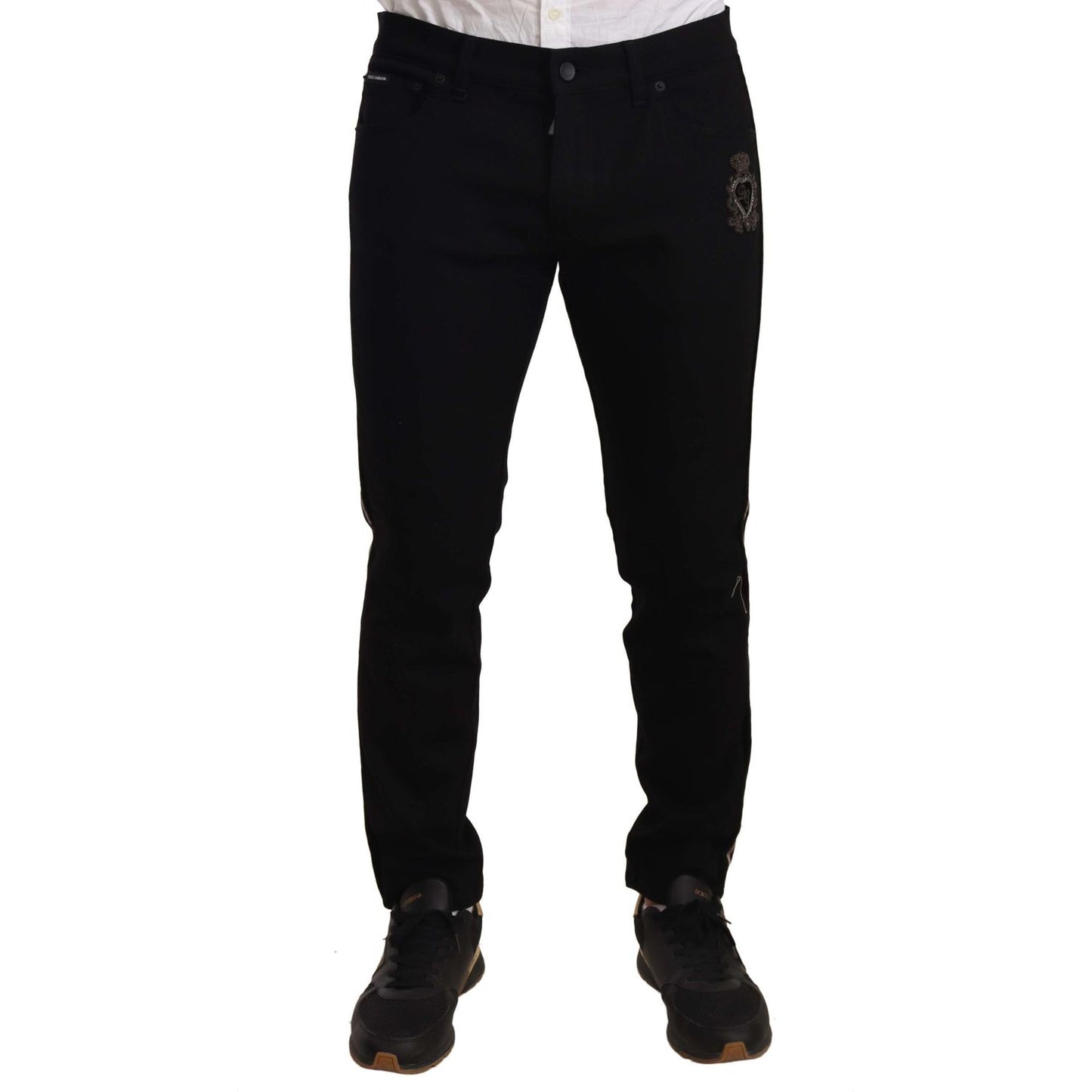 Dolce & Gabbana Heraldic Embroidered Slim Fit Black Jeans Jeans & Pants Dolce & Gabbana