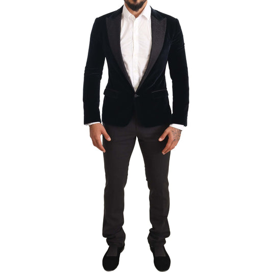 Dolce & Gabbana Blue Velvet Cotton Slim Fit Smoking Suit 1728,2% Polyester,3% Elastane,33% Virgin Wool,67345645728,8% Silk,Blue,Clothing,Dolce & Gabbana,IT46 | S,Material: 54% Cotton,Men,Men - Clothing,New with tags,Suits & Blazers - Clothing,Suits - Men