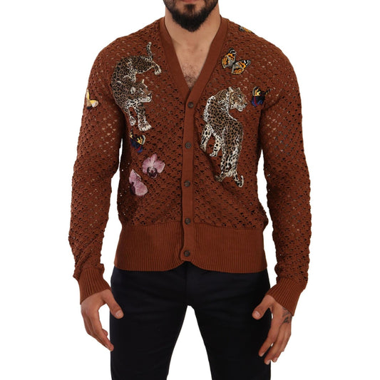 Dolce & Gabbana Brown Leopard Butterfly Cardigan Sweater 1728,67345645728,Brown,Cardigans - Sweaters - Clothing,Clothing,Dolce & Gabbana,IT52 | XL,Material: 100% Cotton,Men,Men - Clothing,New with tags,Sweaters - Clothing,Sweaters - Men - Clothing