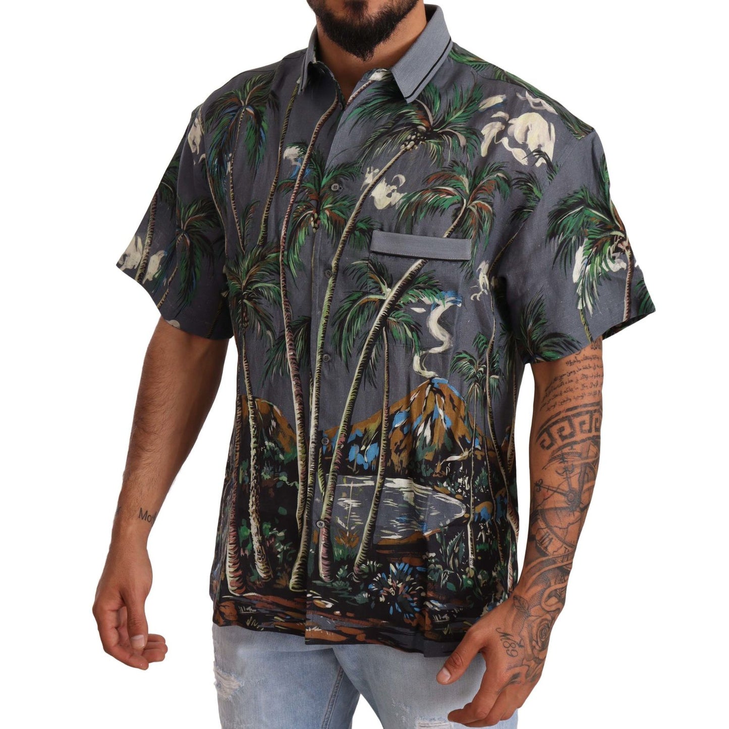 Dolce & Gabbana Gray Linen Tropical Print Collared Shirt