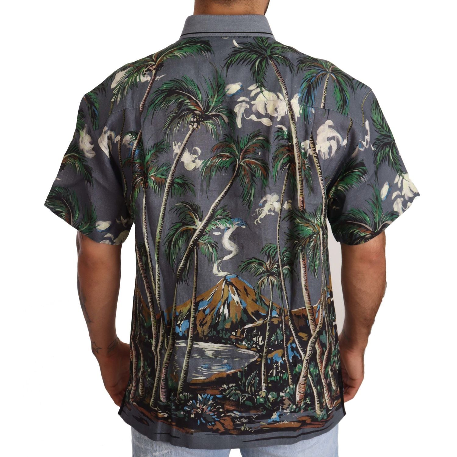 Dolce & Gabbana Gray Linen Tropical Print Collared Shirt