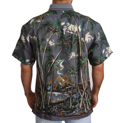 Dolce & Gabbana Gray Linen Tropical Print Collared Shirt
