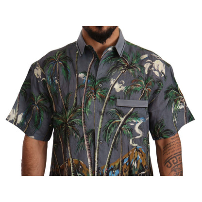 Dolce & Gabbana Gray Linen Tropical Print Collared Shirt