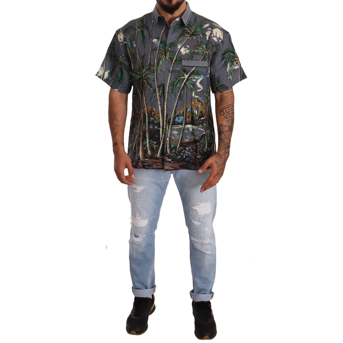 Dolce & Gabbana Gray Linen Tropical Print Collared Shirt