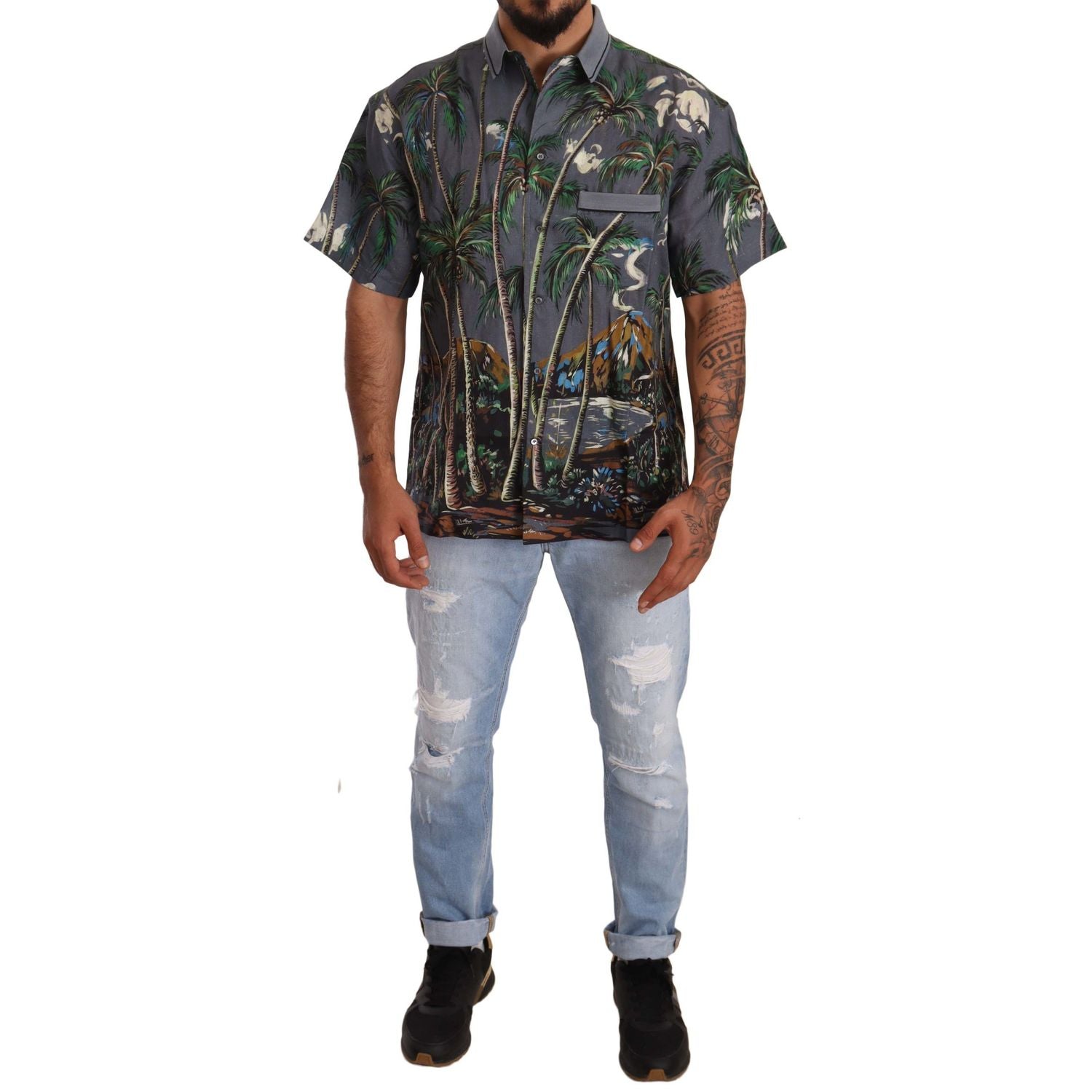 Dolce & Gabbana Gray Linen Tropical Print Collared Shirt