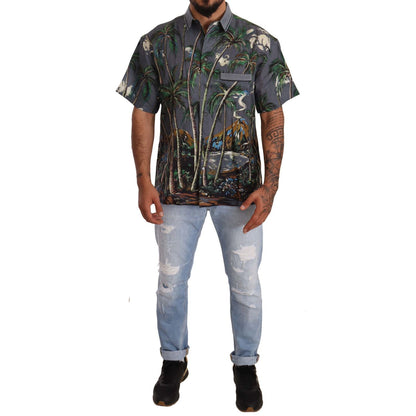 Dolce & Gabbana Gray Linen Tropical Print Collared Shirt
