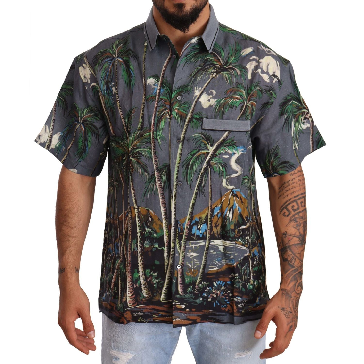 Dolce & Gabbana Gray Linen Tropical Print Collared Shirt
