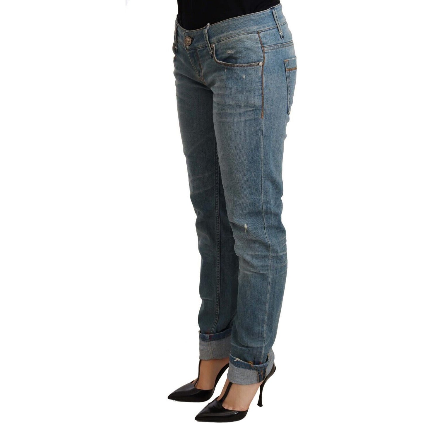 Acht Blue Washed Cotton Folded Hem Women Trouser
