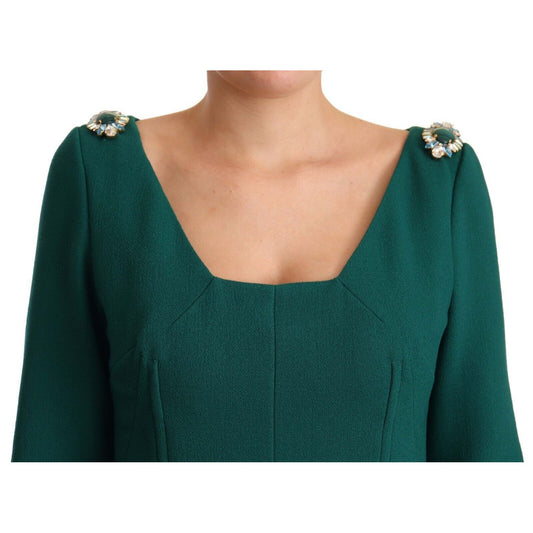 Dolce & Gabbana Green Stretch Crepe Crystal Midi Dress