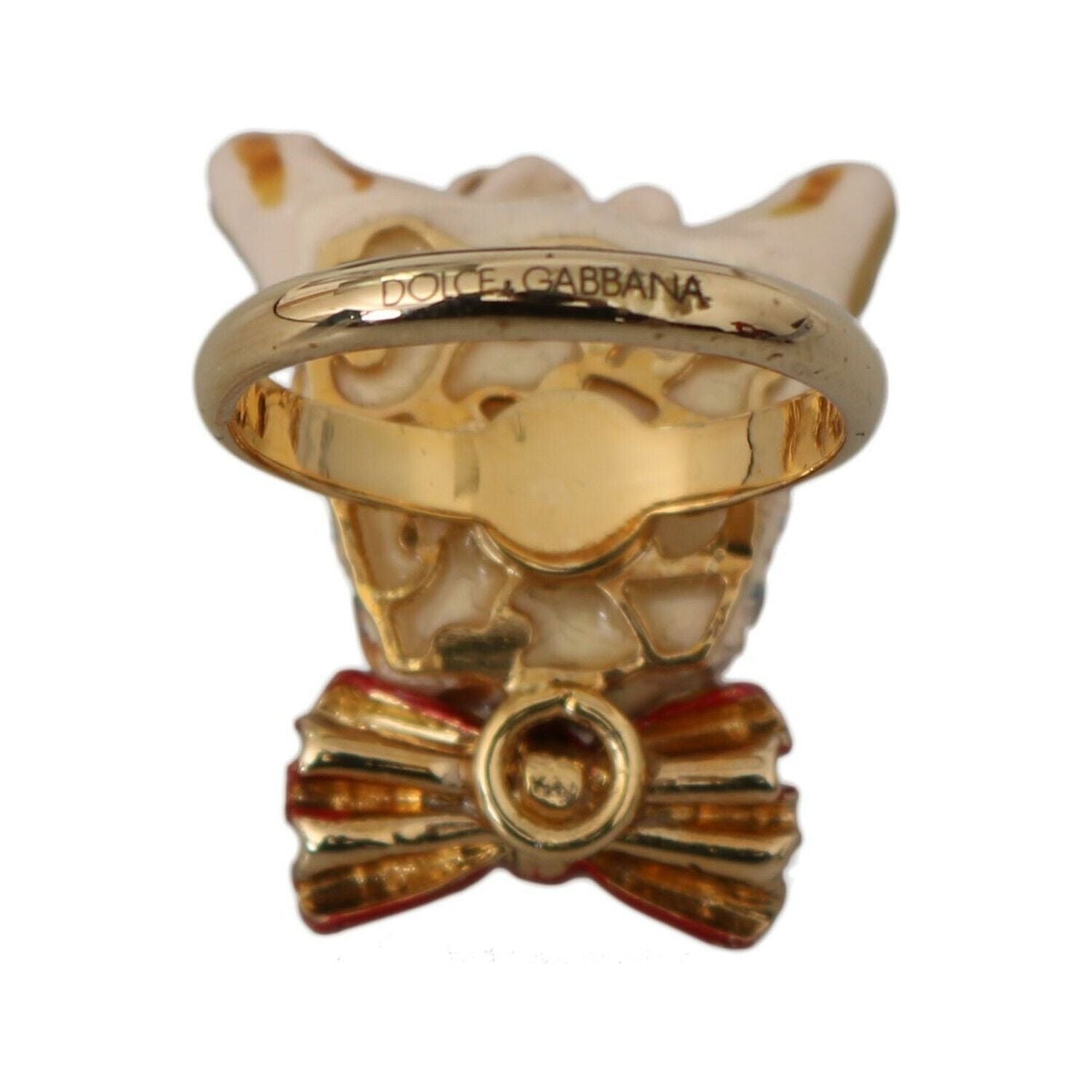 Dolce & Gabbana Beige Dog Pet Branded Accessory Gold Brass Resin Ring