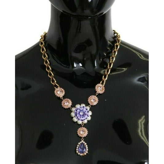 Dolce & Gabbana Elegant Gold Crystal Floral Charm Necklace WOMAN NECKLACE Dolce & Gabbana