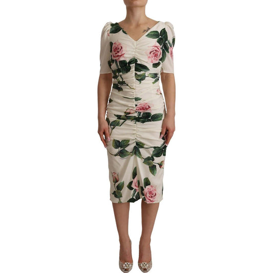 Dolce & Gabbana White Roses Print Stretch Silk Pleated Dress