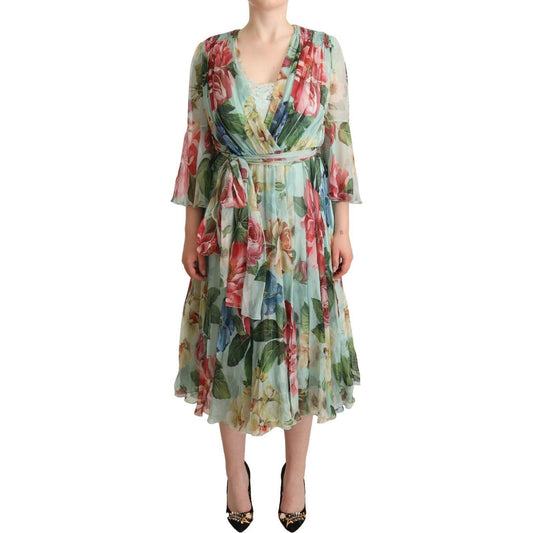 Dolce & Gabbana Elegant Floral Green Midi Silk Dress WOMAN DRESSES Dolce & Gabbana