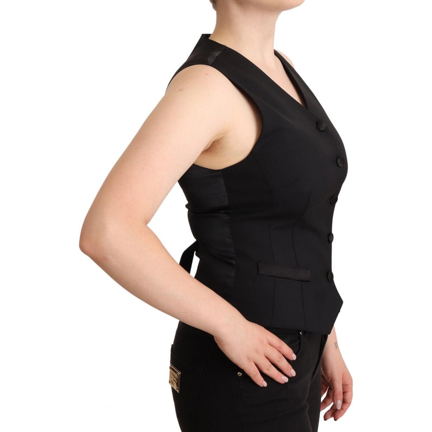 Dolce & Gabbana Black Button Down Sleeveless Viscose Vest Top