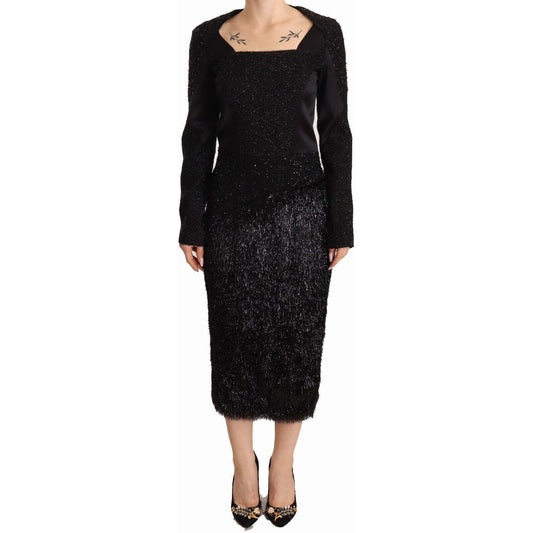 Masha Ma Black Studs Embellished Long Sleeves Sheath Midi Dress
