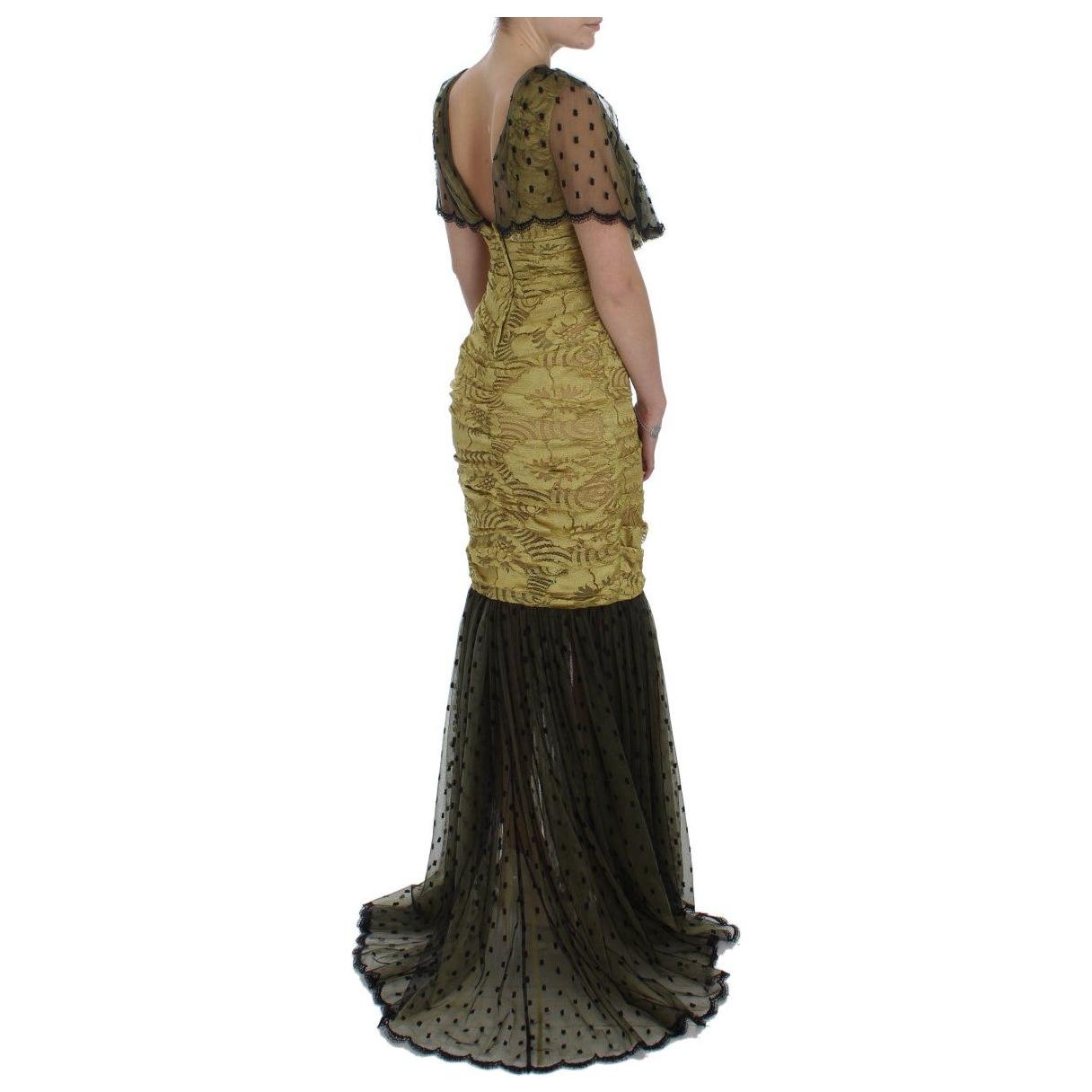Dolce & Gabbana Yellow Black Floral Lace Ricamo Gown Dress