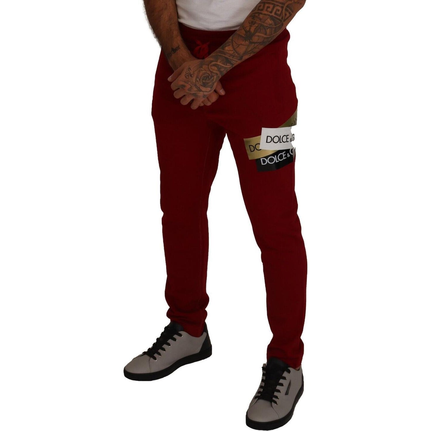 Dolce & Gabbana Red Cotton Logo Patch Sweatpants Jogging Pants 1728,67345645728,Athletic Pants - Pants - Clothing,Clothing,Dolce & Gabbana,IT44 | XS,Jeans & Pants - Men - Clothing,Joggers (workout pants) - Sportswear - Clothing,Material: 100% Cotton,Men,M