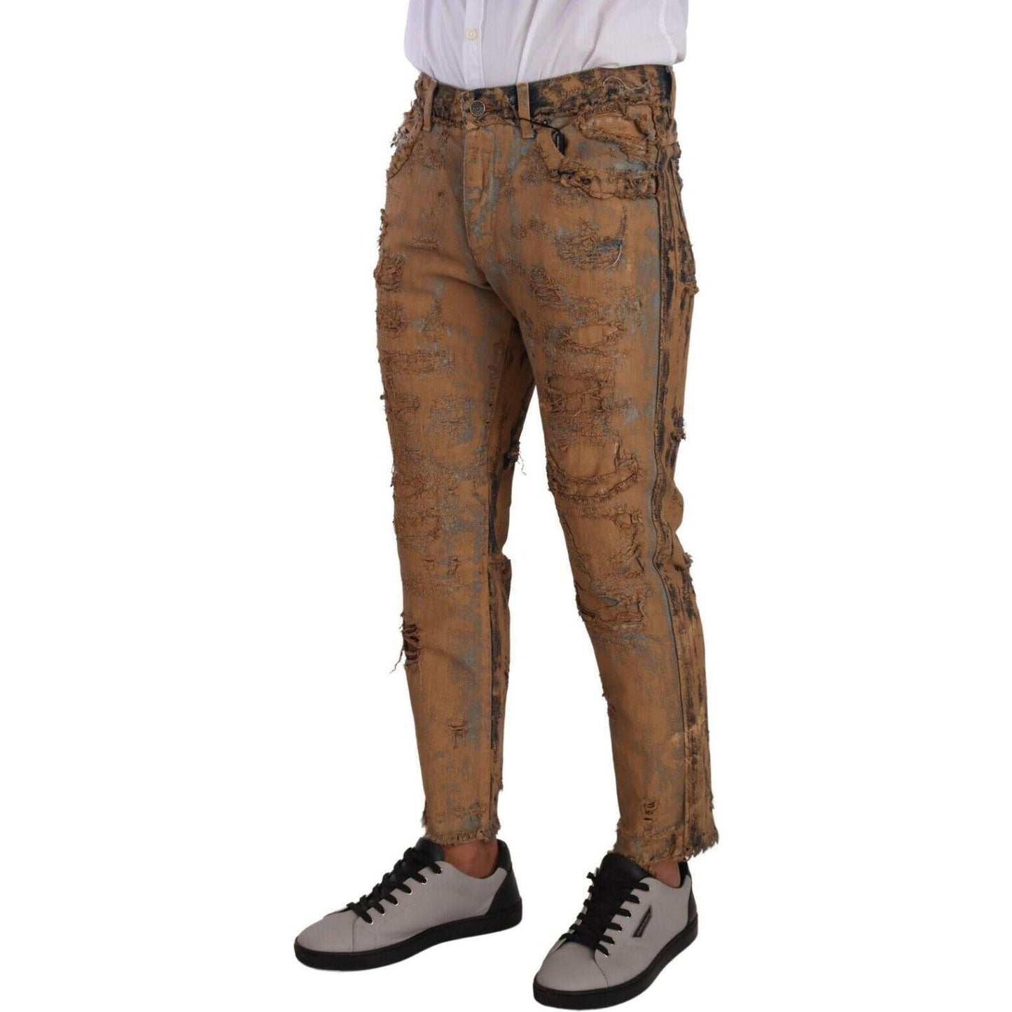 Dolce & Gabbana Brown Distressed Cotton Regular Denim Jeans 1728,67345645728,Brown,Clothing,Cropped Jeans - Jeans Denim - Clothing,Dolce & Gabbana,IT48 | M,Jeans & Pants - Men - Clothing,Jeans Denim - Clothing,Material: 100% Cotton,Men,Men - Clothing,New