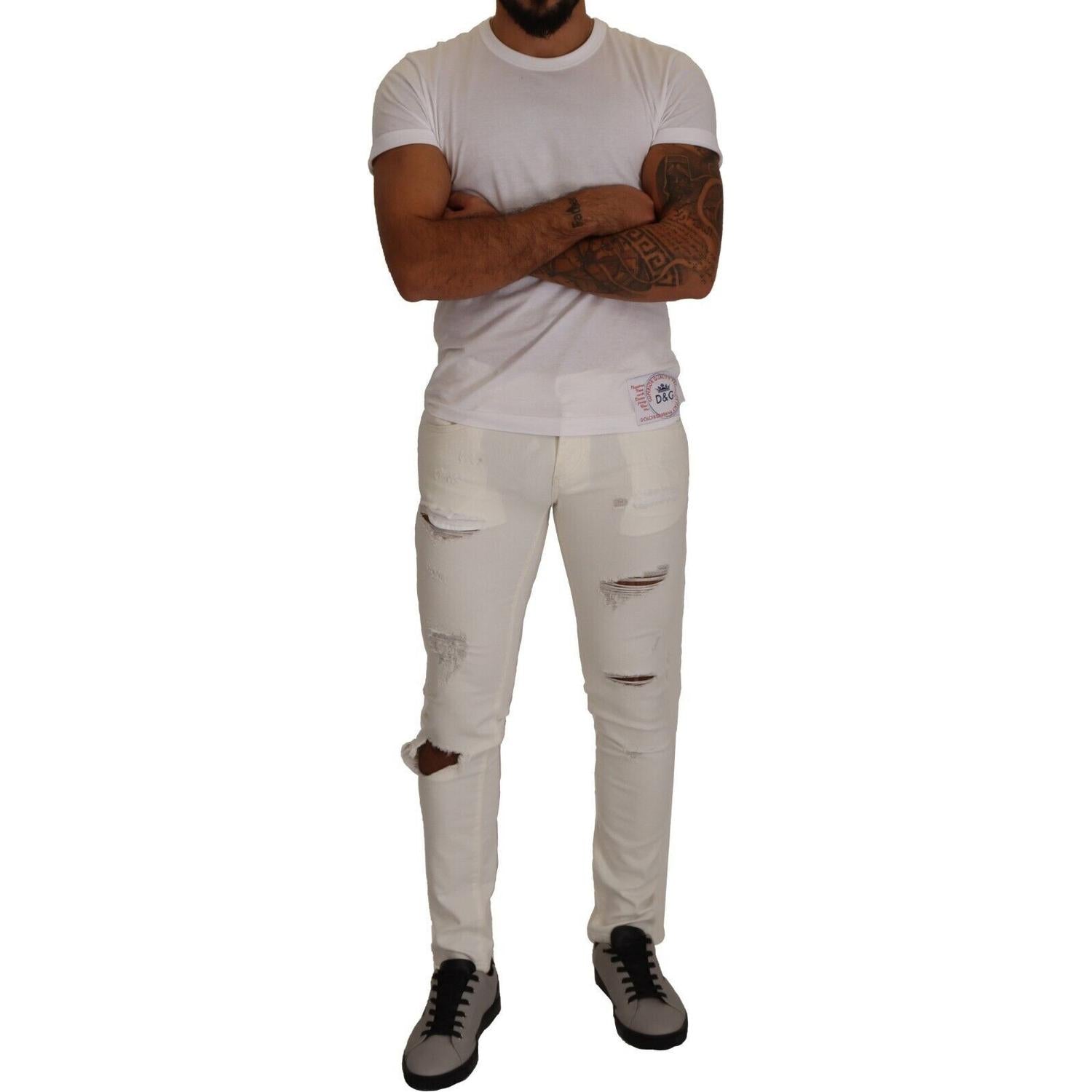 Dolce & Gabbana White Tattered Skinny Cotton Men Denim Jeans