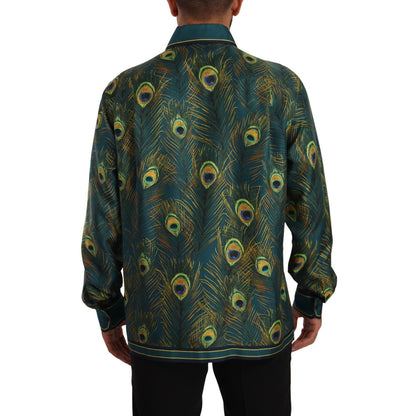 Dolce & Gabbana Peacock Feather Print Silk Pajama Mens Shirt