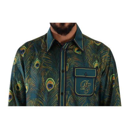 Dolce & Gabbana Peacock Feather Print Silk Pajama Mens Shirt
